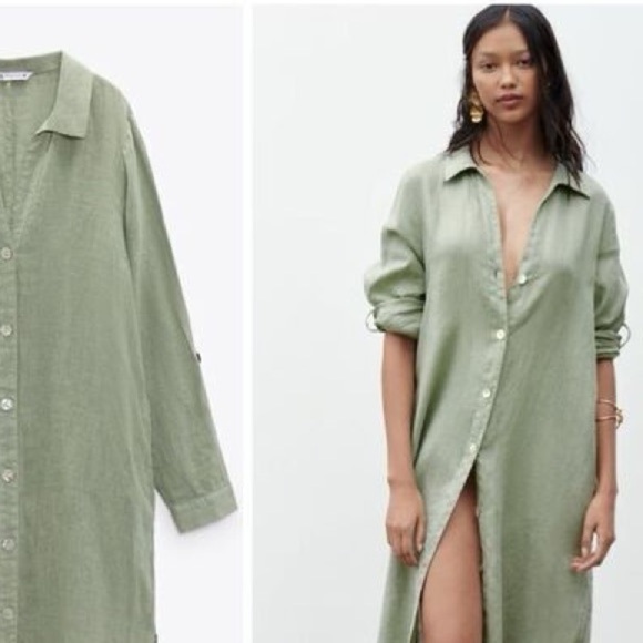 Zara Green Crepe Cotton Button Down Dress Midi Side Slits 3/4 Sleeve Womens L - Picture 1 of 11